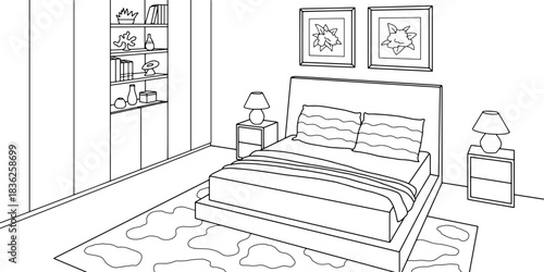Bedroom graphic black white home interior sketch illustration vector 