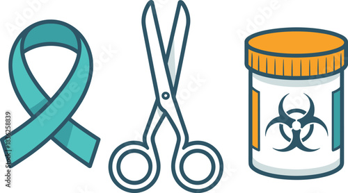 Medical illustration featuring awareness ribbon, surgical scissors, and biohazard specimen container, healthcare symbols for safety, prevention, diagnosis and clinical awareness designs
