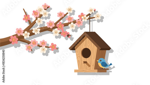 Springtime Bliss: A Cartoon Birdhouse Hanging from a Flowering Branch with a Bluebird Perched on its Platform, against a White Background