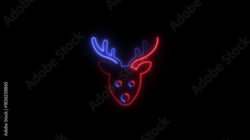 Abstract glowing neon Reindeer icon animation with dark background.Icon with snow, Santa Claus, gift box, candy cane, bells, snowman and reindeer animation.