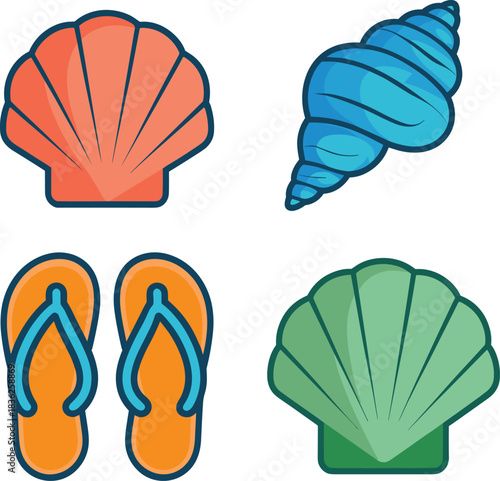 Minimalist beach illustration set featuring seashells, conch shell and flip flops, colorful summer icons for vacation, seaside travel and tropical designs