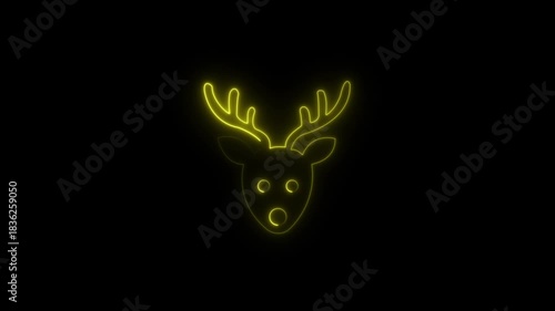 Abstract glowing neon Reindeer icon animation with dark background.Icon with snow, Santa Claus, gift box, candy cane, bells, snowman and reindeer animation.