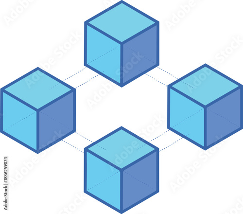 Minimalist illustration of interconnected blue cubes representing blockchain network structure, decentralized data system, digital technology, secure transactions and modern computing