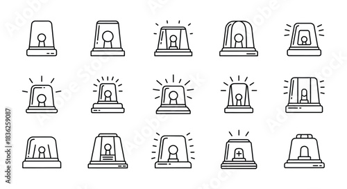 Set of fifteen emergency warning light, siren, and flashing beacon icons in outline style