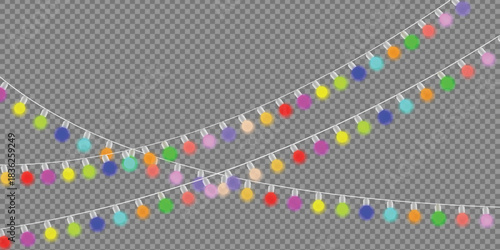 Soft glowing pattern bulbs hang on thread, Christmas New Year banner