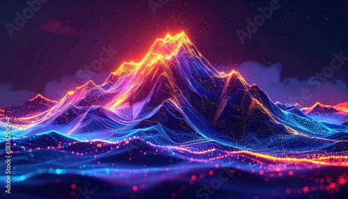 Neon Mountain Landscape: Vibrant Digital Art with Glowing Peaks and Futuristic Terrain - Abstract Background for Tech & Innovation