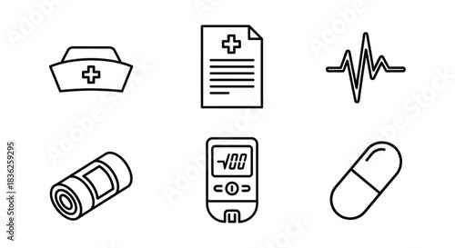 Set of medical and healthcare icons including nurse cap, medical document, heartbeat line, bandage, glucometer, and capsule pill