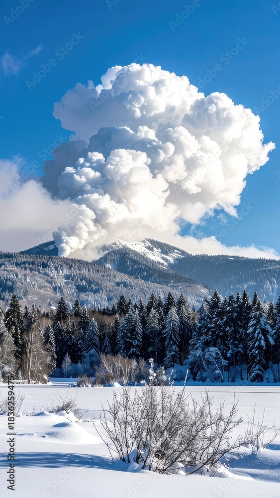 Obraz premium Mount St. Helens Eruption: Dramatic Volcanic Cloud Over Snow-Covered Landscape, Washington State - Winter Scene