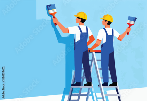 Two workers in blue overalls and yellow helmets paint a wall with large brushes, standing on a ladder