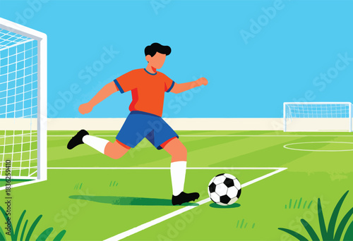 A soccer player in orange/blue uniform kicks the ball on a green field toward the goal under a blue sky