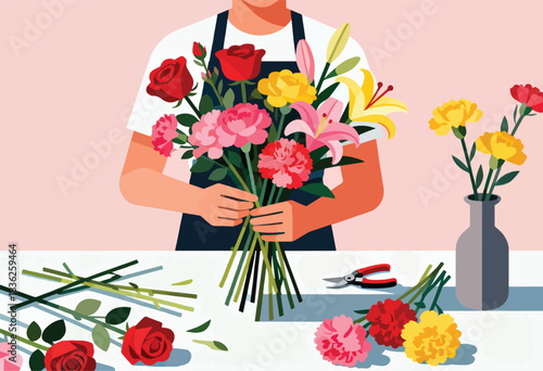 A person, in an apron, arranges vibrant cut flowers with clippers. A vase holds more