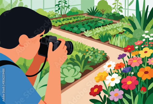 A photographer captures vibrant garden beds & flowers in a green house. Focus on camera, plants, & composition