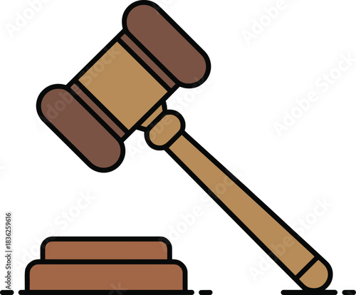 Simple line art illustration of wooden judge gavel and block, legal justice symbol for law firms, courtroom decisions, auction and authority concepts