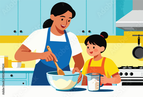 A mother and daughter are baking in a sunny kitchen, stirring batter. The daughter holds measuring cup