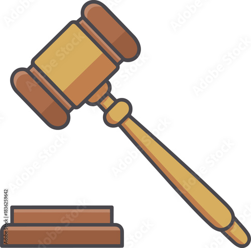 Simple line art illustration of wooden judge gavel and block, legal justice symbol for law firms, courtroom decisions, auction and authority concepts