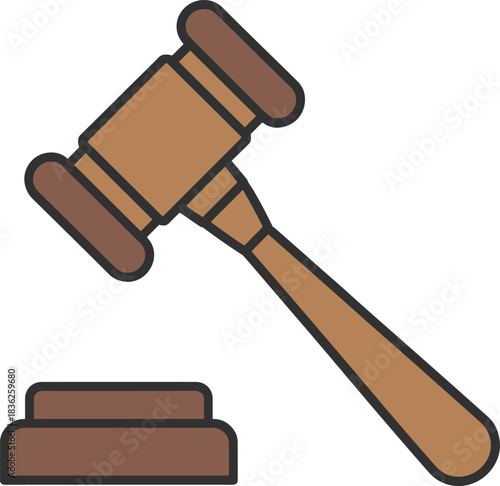 Simple line art illustration of wooden judge gavel and block, legal justice symbol for law firms, courtroom decisions, auction and authority concepts