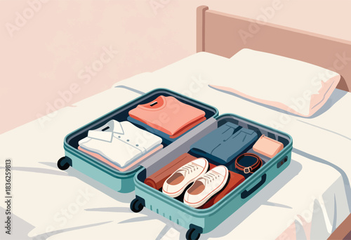 An open suitcase packed with clothes, shoes, and accessories sits on a bed with a pillow, hinting at travel