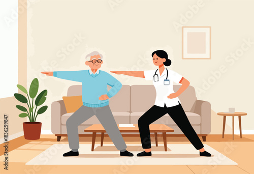 An elderly man and a healthcare professional perform a yoga pose in a home setting