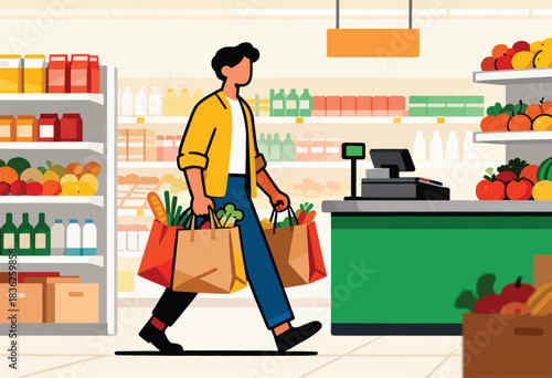 A person, carrying paper grocery bags of food, walks in a supermarket with shelves and a checkout