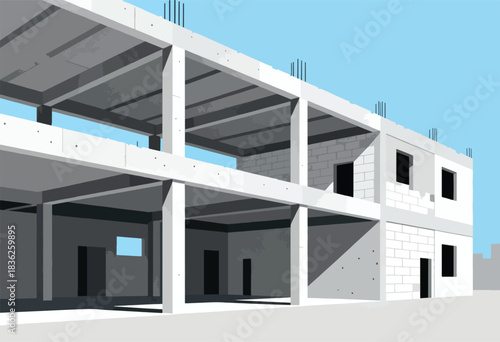 A minimalist architectural rendering of a multi-story building under construction. Concrete frames, brick walls, and open spaces