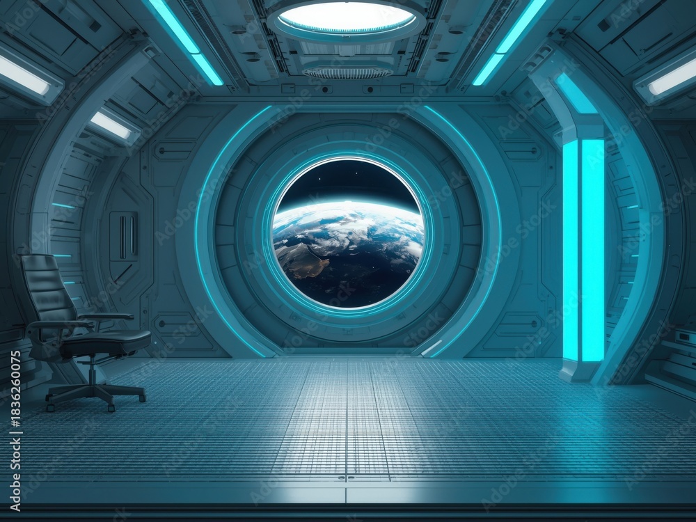 Fototapeta premium futuristic spaceship interior with view of earth and stars digital art