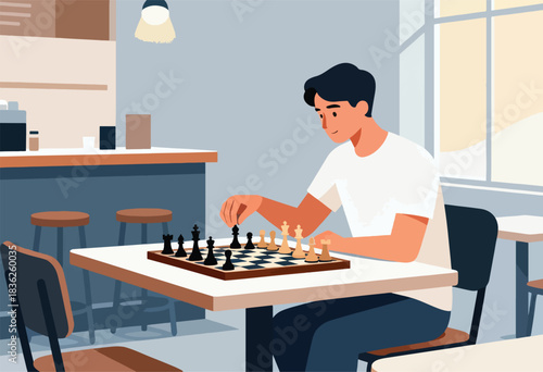 A man plays chess alone at a cafe table, with a chessboard. A bar and window are in the background