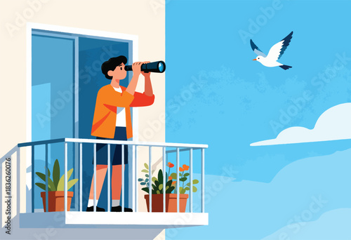 A person on a balcony with a telescope, observing a seagull against a bright blue sky