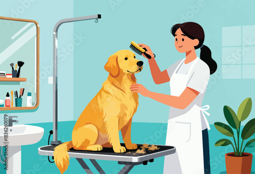 A golden retriever is groomed by a person wearing an apron, in a blue-walled room, with mirrors and plants