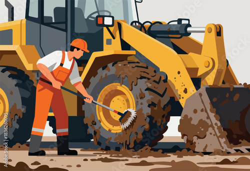 A construction worker in orange overalls cleans the wheel of a yellow heavy-duty vehicle with a brush