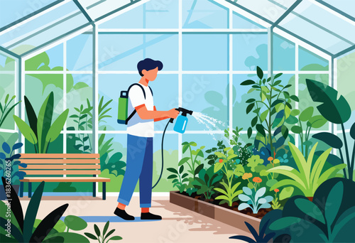 A person waters plants with a sprayer in a greenhouse, full of lush greenery, under blue sky windows