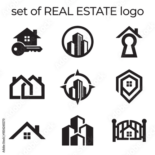 Professional set of modern real estate logo design concepts, featuring house, building, and property vector icons for business branding.