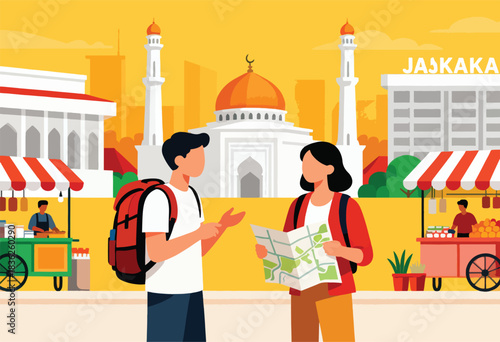 A vector illustration depicts two tourists consulting a map near a mosque and market stalls