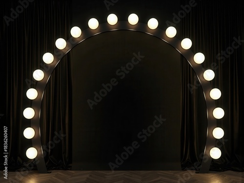 Glamorous lighted archway with draped curtains creating a theatrical entrance or backstage setting