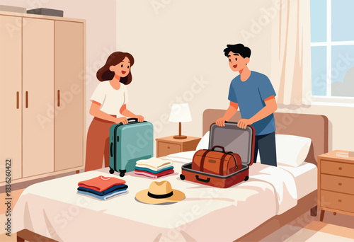 A couple packs their suitcases together in a bedroom, preparing for a journey. Various clothes and a hat lay on the bed