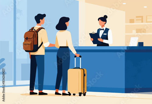A couple checks into a hotel with luggage. The receptionist waits with a clipboard. Room service items are behind the desk