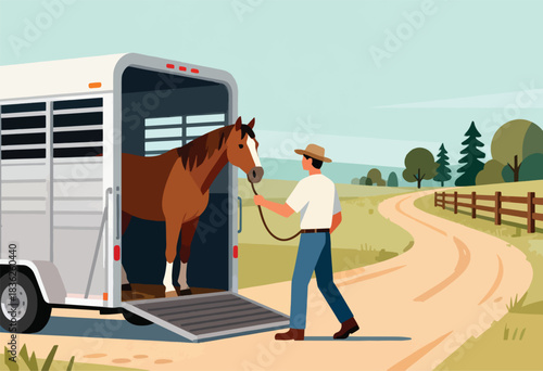 A brown horse stands in a trailer, being led by a person in a hat on a dirt road