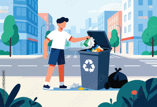 A person in shorts tosses trash into a recycling bin on a city street, accompanied by black trash bags