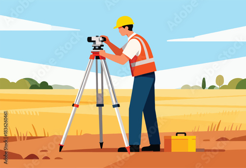 A surveyor in safety attire operates a theodolite on a field, with a toolbox nearby. Sky in the background