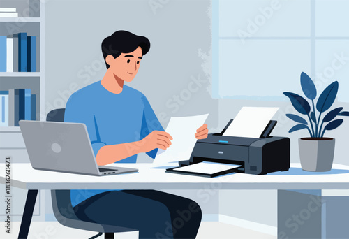 An illustration depicting a person at a desk holding paperwork, with a printer, laptop, and plant