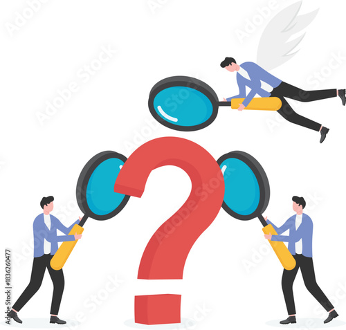 group of businessmen around a huge question mark, confused crowd, analyzing and solving problems together

