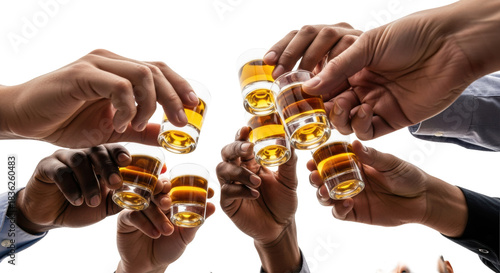 low-angle shot of diverse male hands toasting golden whiskey in shot glasses, slight motion blur, dramatic highlights against white background. Concept of unity and celebration