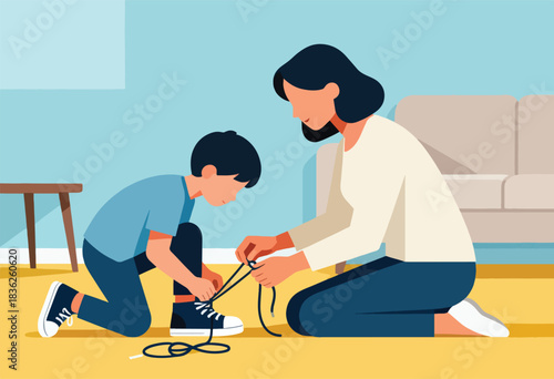 An illustration shows a mother tying her son's shoelaces. The setting is a home with a couch and table