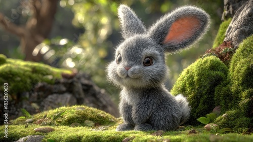 Adorable digitally rendered young lagomorph sits poised in a lush green forest setting