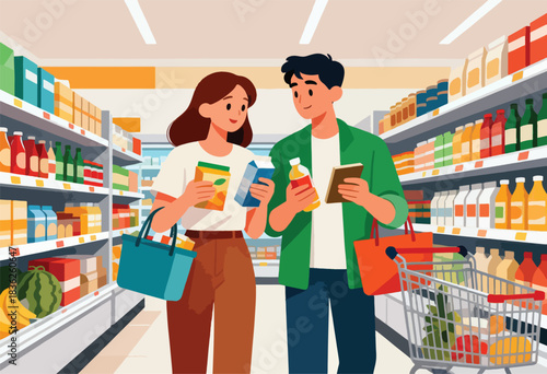 A couple shops in a brightly lit grocery store, examining items. Shelves overflow with products. A cart sits in aisle