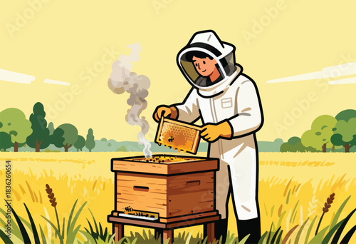 A beekeeper in a protective suit inspects a honeycomb frame over a hive, smoke rising against a rural backdrop