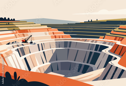 An illustration of a large open-pit mine, with terraced sides, a crane, and a distant, simple landscape