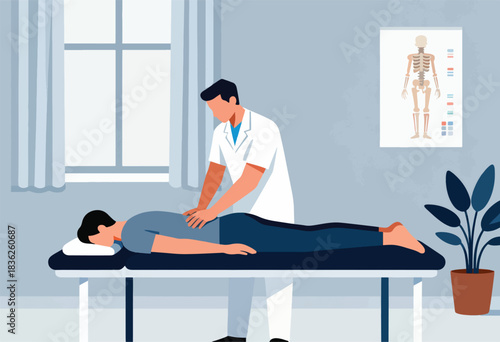 An illustration shows a doctor giving a patient a back massage on a table in a clinic. A skeletal chart is seen