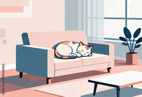 A stylized illustration depicting a cozy interior with a sleeping cat on a sofa, plant, and coffee table