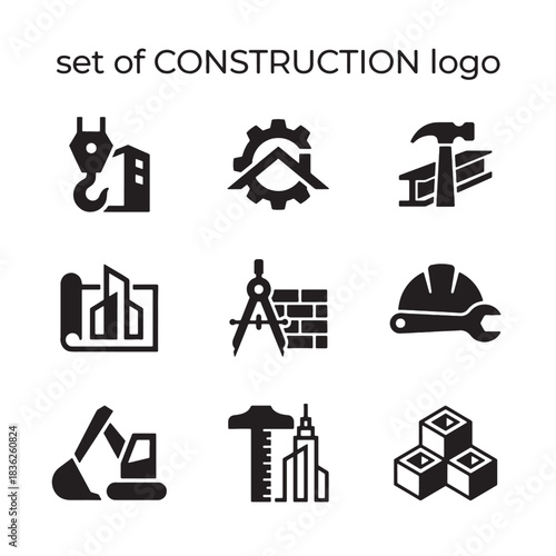 Professional set of construction, building, engineering, and architecture vector icons in a minimalist design, ideal for industry logo or branding.