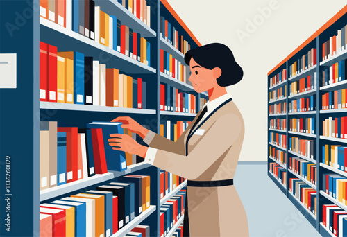 A librarian in a tan coat selects a book from a shelf in a library filled with colorful books